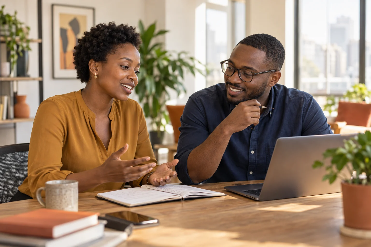 Two colleagues planning customer growth with a notebook and laptop