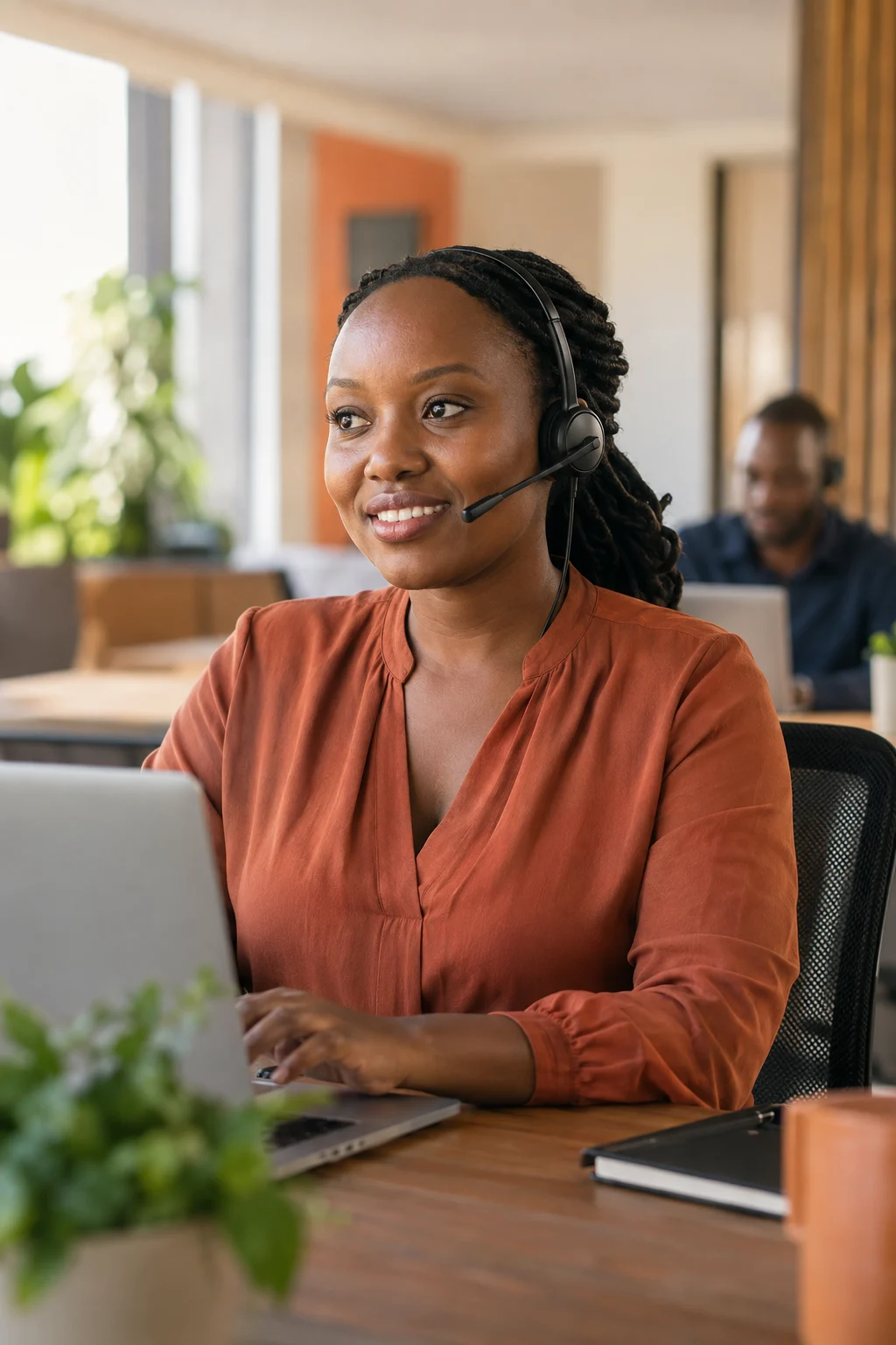 Customer support professional helping a customer from a bright shared office