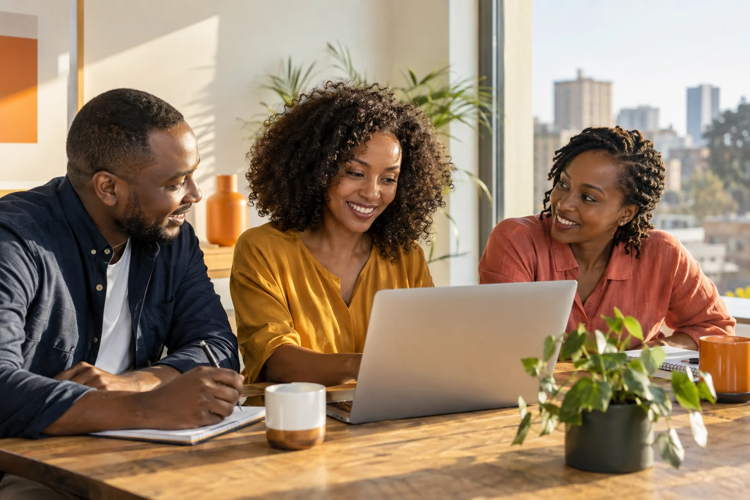 Three colleagues sharing ideas around a laptop in a sunlit office